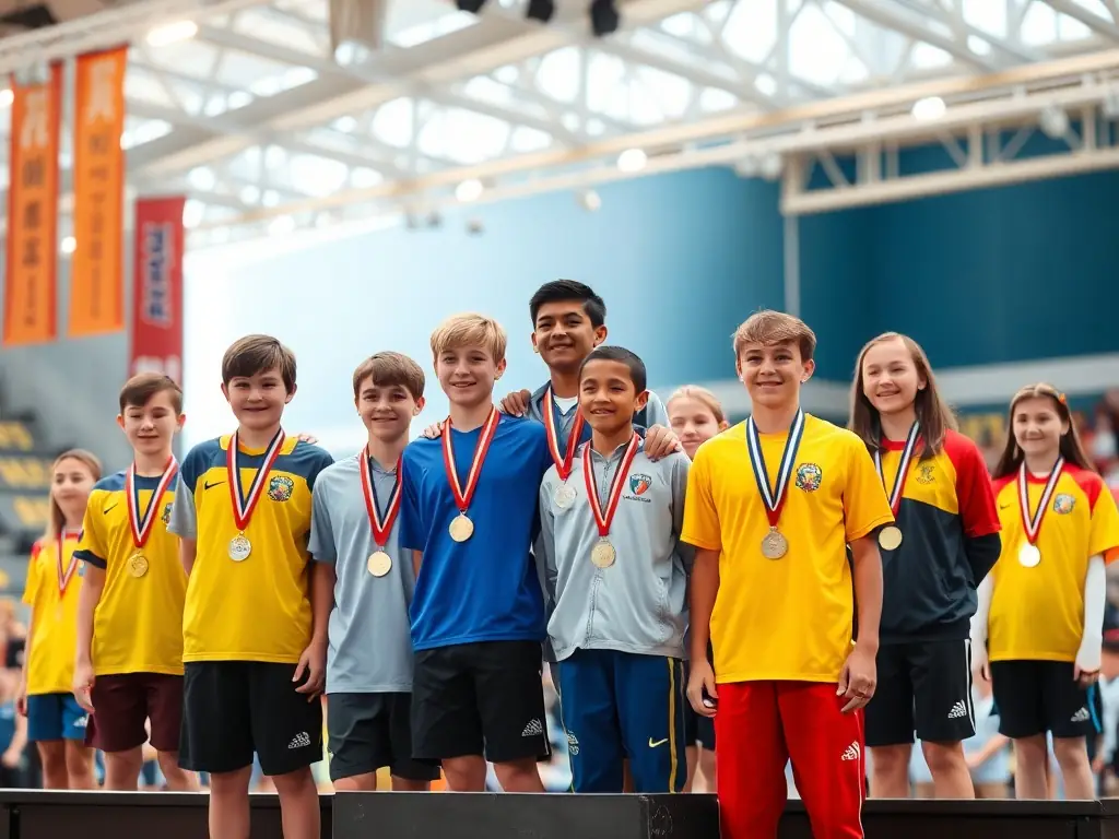 A group of young athletes receiving medals at an award ceremony, symbolizing the recognition and celebration of their achievements in sports.