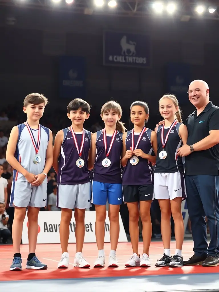 A group of young athletes receiving medals at an awards ceremony, symbolizing the recognition provided by the CDCMJS COMITE DEP DU CHER MEDAILLES JEUNESSE ET SPORTS.