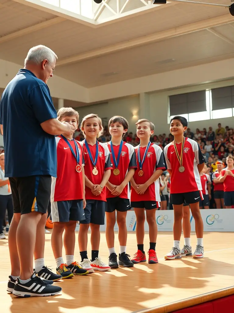A group of young athletes receiving medals at an awards ceremony, symbolizing the Youth Sports Recognition Program.