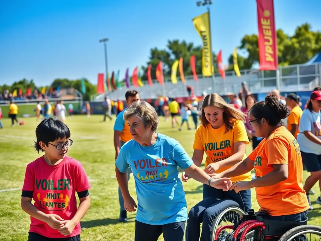 A photo of volunteers and community members working together at a sports event, highlighting the organization's collaborative approach and community involvement.