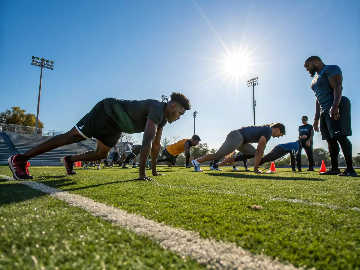 A diverse group of young people participating in a sports training session, showcasing the organization's commitment to promoting physical activity and skill development.