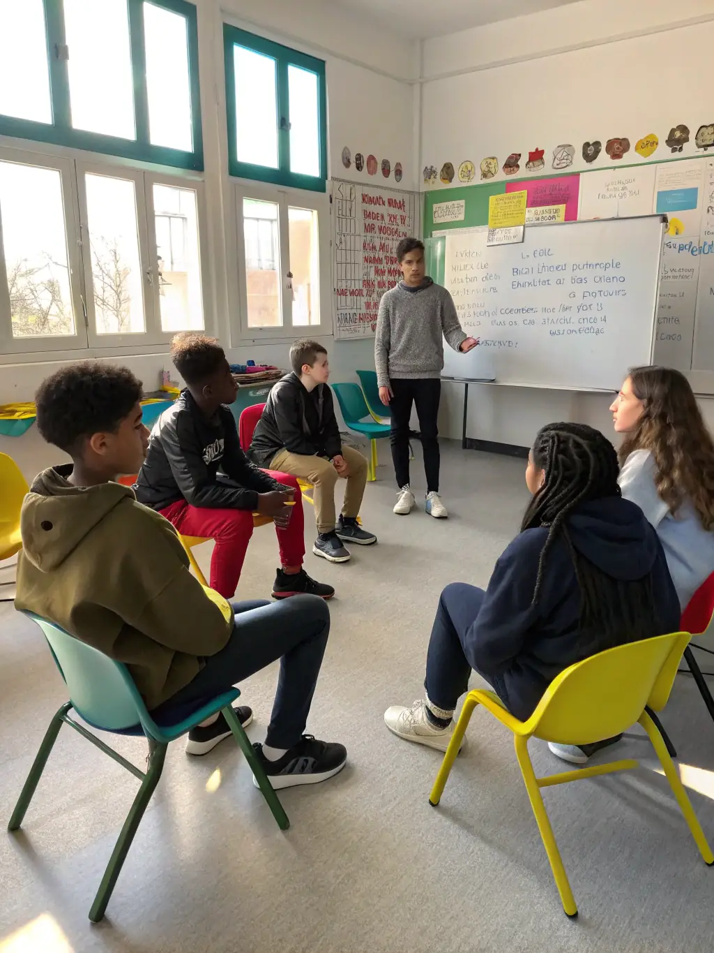 A picture of a group of young people participating in a sports-related educational seminar, highlighting the organization's focus on promoting sports values and citizenship.